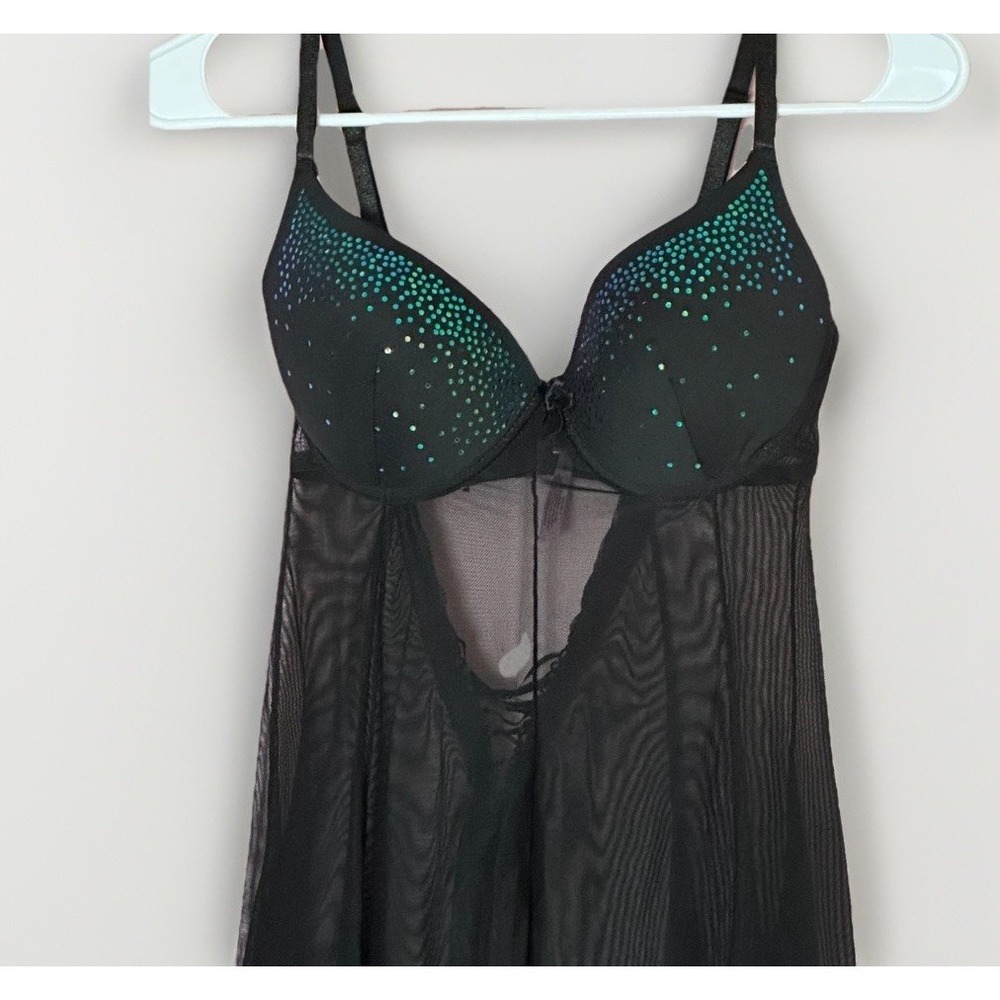 Black Sheer Babydoll Lingerie 34C Padded‎ Rhinestone Mermaid Y2K Coquette Mesh